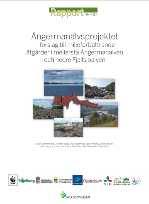Rapport med titeln "Ångermanälvsprojektet – förslag till miljöförbättrande åtgärder i mellersta Ångermanälven och nedre Fjällsjöälven, med bilder på flodlandskap och kartskiss över området.
