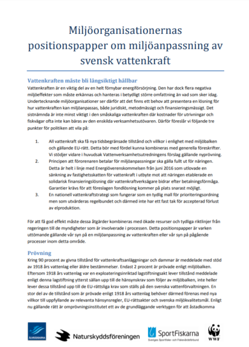 Dokument med titeln "Miljöorganisationernas positionspapper om miljöanpassning av svensk vattenkraft". Listar fyra miljömässiga krav för vattenkraftens hållbarhet och reglering.