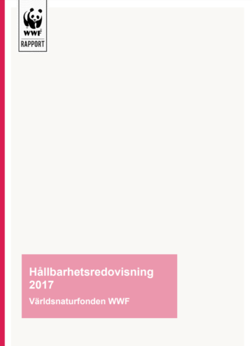 Text: "Hållbarhetsredovisning 2017 Världsnaturfonden WWF" i en rosa ruta. En enkel vit bakgrund med en tunn rosa linje till vänster.