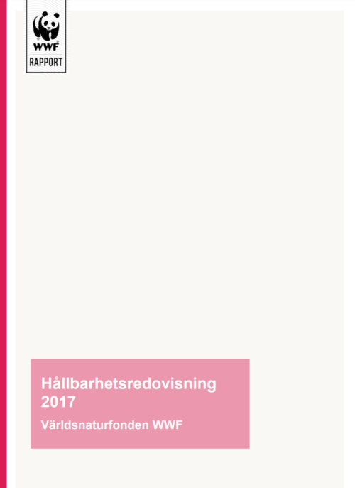 Text: "Hållbarhetsredovisning 2017 Världsnaturfonden WWF" i en rosa ruta. En enkel vit bakgrund med en tunn rosa linje till vänster.