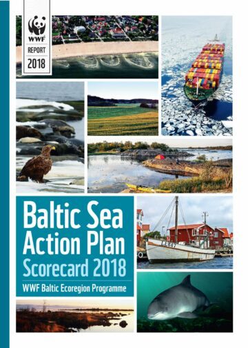 Baltiska havets handlingsplan 2018, med bilder på fåglar, fartyg, landskap och havslevande djur. Text: "Baltic Sea Action Plan Scorecard 2018 WWF Baltic Ecoregion Programme".