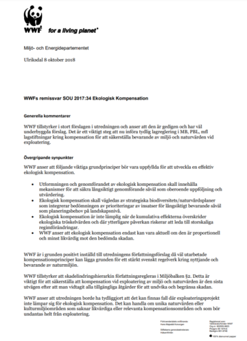 Miljö- och Energidepartementet, remissvar från WWF om SOU 2017:34 Ekologisk Kompensation med generella kommentarer och övergripande synpunkter.