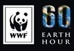 WWF:s panda-logga, text "60" och "Earth Hour" i blått och svart, symbol för global kampanj.