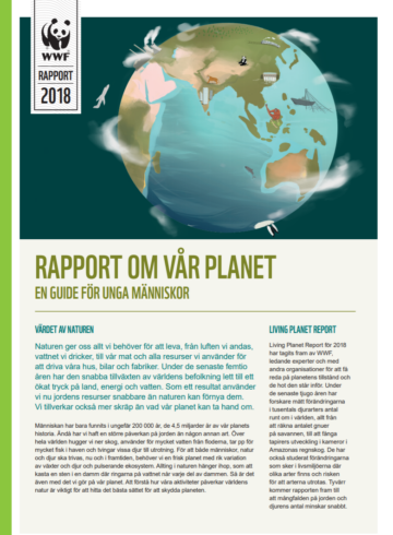 Illustration av jorden sedd från rymden med moln runt, text: "WWF RAPPORT 2018", "RAPPORT OM VÅR PLANET EN GUIDE FÖR UNGA MÄNNISKOR", följt av text på svenska om miljö och natur.