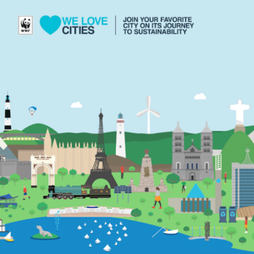 Illustration av en global stadssilhuett med kända landmärken, tåg, vindkraftverk, parker och vattenfront. Text i bilden: WWF (pandalogo) ♥ WE LOVE CITIES | JOIN YOUR FAVORITE CITY ON ITS JOURNEY TO SUSTAINABILITY