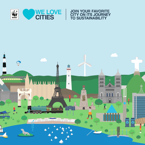welovecities.png Illustration av en global stadssilhuett med kända landmärken, tåg, vindkraftverk, parker och vattenfront. Text i bilden: WWF (pandalogo) ♥ WE LOVE CITIES | JOIN YOUR FAVORITE CITY ON ITS JOURNEY TO SUSTAINABILITY