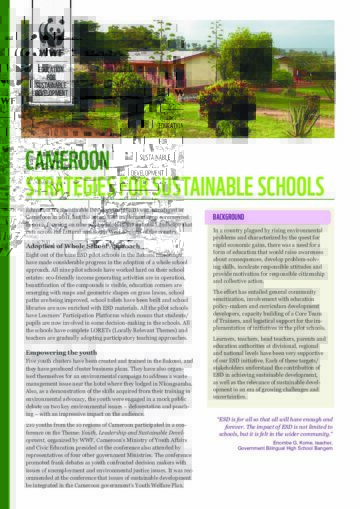 cameroon-pdf Skolbyggnader och grön innergård med WWF-logotyp; titel: "Cameroon — Strategies for Sustainable Schools", informationsblad om ESD. Transkription av synlig text i bilden: WWF EDUCATION FOR SUSTAINABLE DEVELOPMENT CAMEROON STRATEGIES FOR SUSTAINABLE SCHOOLS
