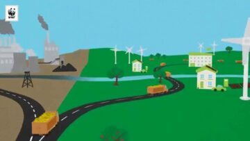 Delad illustration: förorenad fabrik och lastbil med kol åt vänster, grön landsbygd med vindkraft och lastbilar åt höger. WWF:s logotyp syns uppe i vänstra hörnet.