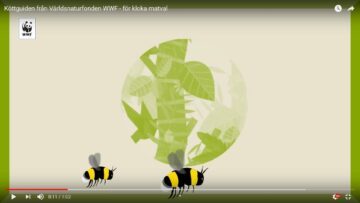 Grön cirkel med bladillustration och två humlor; text: "Köttguiden från Världsnaturfonden WWF - för kloka matval". WWF-logotyp.