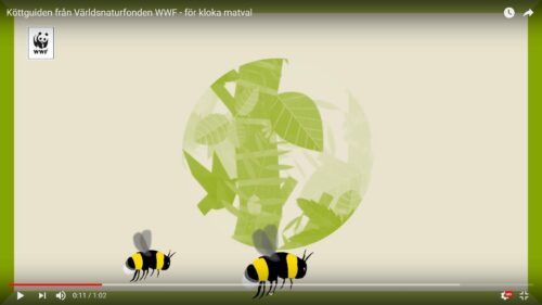 Köttguiden från Världsnaturfonden WWF – för kloka matval Grön cirkel med bladillustration och två humlor; text: "Köttguiden från Världsnaturfonden WWF - för kloka matval". WWF-logotyp.