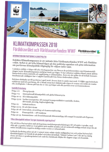 Omslag med WWF-logotyp, natur- och transportbilder samt titeln "KLIMATKOMPASSEN 2018 Föräldravrålet och Världsnaturfonden WWF".