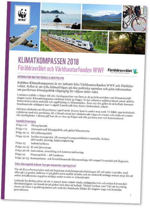 Omslag med WWF-logotyp, natur- och transportbilder samt titeln "KLIMATKOMPASSEN 2018 Föräldravrålet och Världsnaturfonden WWF".