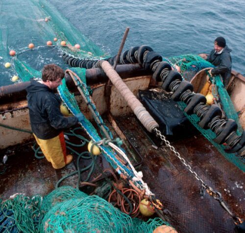 Två fiskare på båtens däck drar upp gröna trålnät med gula flytbojar, rep och kedjor.