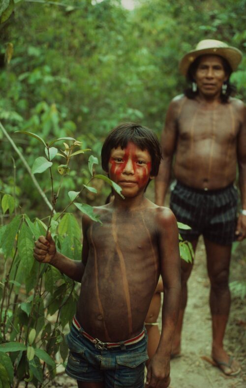 Brazil, © Mauri Rautkari / WWF Pojke med röd ansiktsmålning och kroppsmålning håller en gren; en äldre man i hatt står bakom.