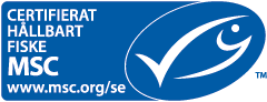 Miljömärkning Fisk MSC Blå ruta med vit text "CERTIFIERAT HÅLLBART FISKE MSC" och "www.msc.org/se", samt vit logotyp (fiskformad bock) med ™.