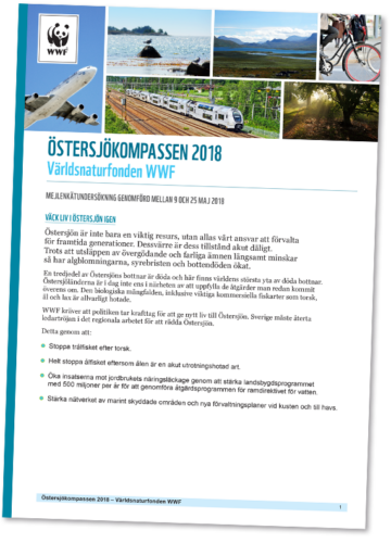 Framsida av en WWF‑rapport om Östersjön 2018 med fotografier, rubriker och konkreta förslag för räddning. Transkription av text i bilden: WWF (logotyp) ÖSTERSJÖKOMPASSEN 2018 Världsnaturfonden WWF Mejlenkätundersökning genomförd mellan 9 och 25 maj 2018 VÄCK LIV I ÖSTERSJÖN IGEN