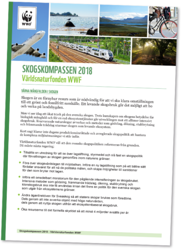 WWF-informationsblad om skogspolitik 2018 med foto-collage, titel "SKOGSKOMPASSEN 2018" och budskap att värna skogens mångfald.