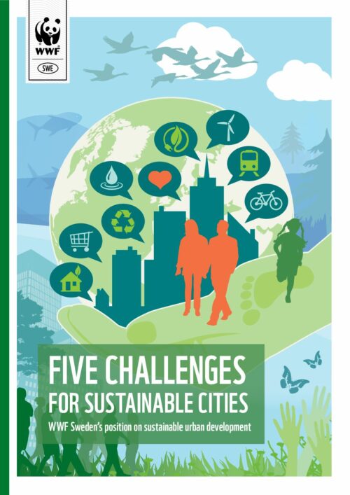 Silhuetter av människor framför en stadssiluett med pratbubblor som visar hållbarhetsikoner. Text i bilden: WWF SWE FIVE CHALLENGES FOR SUSTAINABLE CITIES WWF Sweden's position on sustainable urban development
