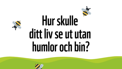 "Hur skulle ditt liv se ut utan humlor och bin?" Stor svart text i tre rader, tre tecknade bin flyger över vågiga gröna kullar.