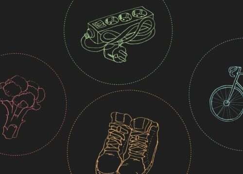 Färgglada konturteckningar i prickade cirklar: grenuttag, cykelhjul, vandringskängor och broccoli.