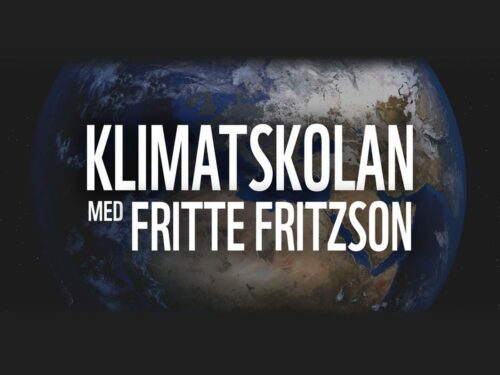 Jordglob i rymden med stor vit text över den: KLIMATSKOLAN MED FRITTE FRITZSON