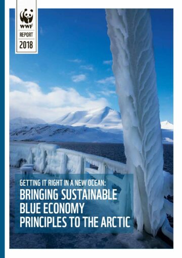 Omslagsbild till en rapport. Bilden visar ett räcke och pelare täckta av tjock is vid arktisk kust, snötäckta berg och blått hav i bakgrunden. Text i bilden: WWF REPORT 2018 GETTING IT RIGHT IN A NEW OCEAN: BRINGING SUSTAINABLE BLUE ECONOMY PRINCIPLES TO THE ARCTIC