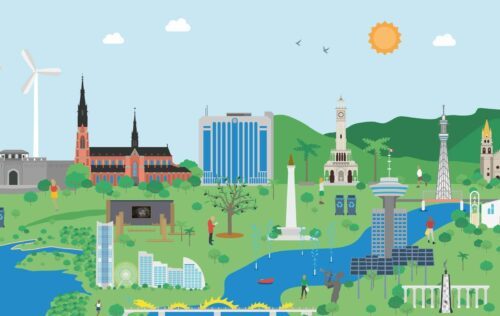 Färgglad illustration av stadsvy med parker, flod, monument, kyrkor, modern skyskrapa, observationsplattform, vindkraftverk och solpaneler; människor promenerar.