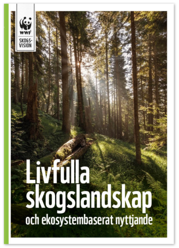 wwfs-skogsvision Omslagsbild av en solbelyst tät granskog med orört underskog, fallna stockar och ljusstrimmor genom trädkronorna. Text i bilden: WWF SKOGS-VISION Livfulla skogslandskap och ekosystembaserat nyttjande
