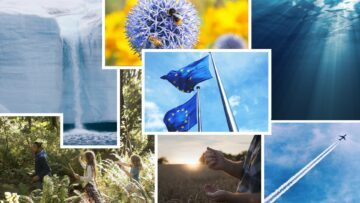 Collage med 7 olika bilder: isfall, lila bollblom med bin, EU-flaggor, solstrålar sedda under vattnet, tre barn i skog, händer som håller säd, flygplan med kondensstrimmor bakom sig.