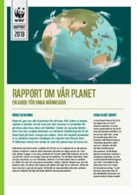 En illustrerad jordglob med djur, byggnader och flygplan; omslagstext "RAPPORT OM VÅR PLANET — EN GUIDE FÖR UNGA MÄNNISKOR".