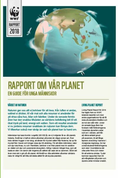 En illustrerad jordglob med djur, byggnader och flygplan; omslagstext "RAPPORT OM VÅR PLANET — EN GUIDE FÖR UNGA MÄNNISKOR".