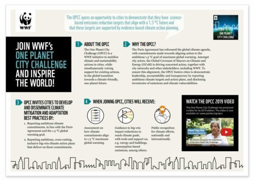 OPCC-at-a-glance_p1 WWF-infotavla om One Planet City Challenge på engelska: uppmanar städer att ansluta, beskriver syfte, kriterier, fördelar och informationsvideo.