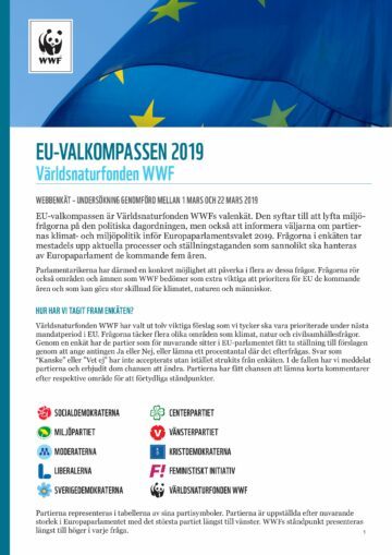EU-Kompassen_2019_faximil Omslagsbild med EU-flagga, WWF-logotyp, rubrik "EU-VALKOMPASSEN 2019" och informativ text om WWFs webbenkät inför EU-valet.