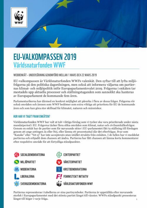 Omslagsbild med EU-flagga, WWF-logotyp, rubrik "EU-VALKOMPASSEN 2019" och informativ text om WWFs webbenkät inför EU-valet.