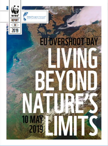 overshoot-day Omslagsbilden är en satellitbild över Europa. Rapporten har stora överlagrade titlar om EU Overshoot Day och datum. Text i bilden: WWF REPORT EU 2019 Global Footprint Network® Advancing the Science of Sustainability EU OVERSHOOT DAY LIVING BEYOND NATURE'S LIMITS 10 MAY 2019