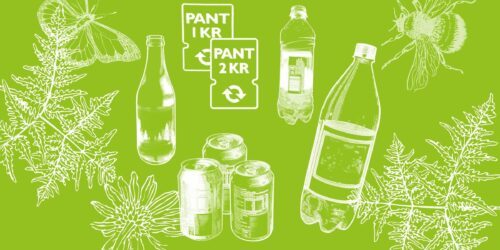 Vit linjeteckning av pantflaskor, plastflaska och burkar med blommor, fjäril och bi. Text: PANT 1 KR; PANT 2 KR.