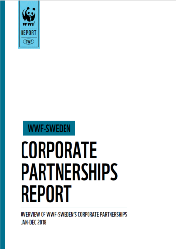Corporate-partnership-report-2018 Ett omslag till en rapport av WWF om företagssamarbeten. Omslaget är vitt med svart text: WWF-SWEDEN CORPORATE PARTNERSHIPS REPORT. Overview of WWF-Sweden's corporate partnerships jan-dec 2018.
