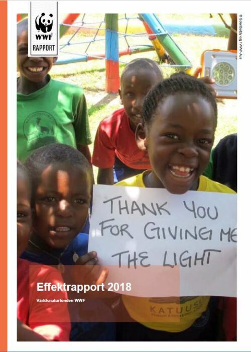 Omslagsbild till en effektrapport. Bilden är på flera barn, ett barn håller en skylt med texten "THANK YOU FOR GIVING ME THE LIGHT". Titel på rapporten syns längst ner: "Effektrapport 2018 Världsnaturfonden WWF".