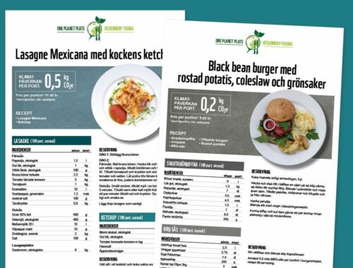 Recept för One Planet Plate skollunch: Tex Lasgne mexicana med kockens ketchup och Black bean burger med rostade potatis, coleslaw och grönsaker.