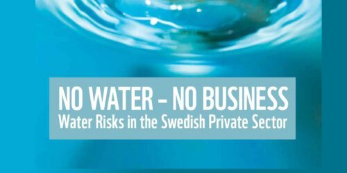 Närbild av vattenyta i blått med texten: "NO WATER - NO BUSINESS Water Risks in the Swedish Private Sector".