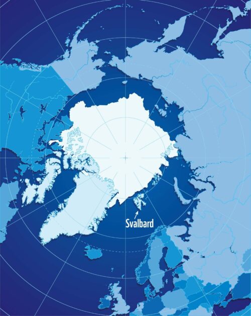 Karta över Arktis med Svalbard markerat som en ögrupp norr om Europa och nordväst om Ryssland.