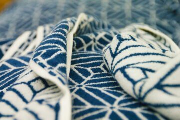 Close up of a blue and white towel textile