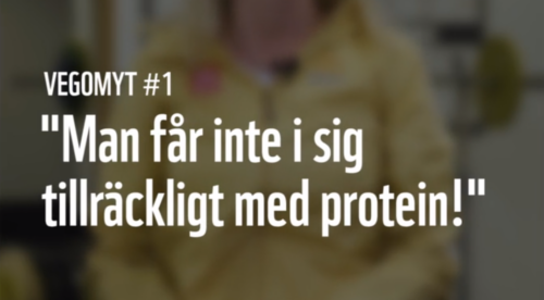 vego1 Suddig bild på kvinna i gul jacka. Vit text ovanpå: "VEGOMYT #1 "Man får inte i sig tillräckligt med protein!""