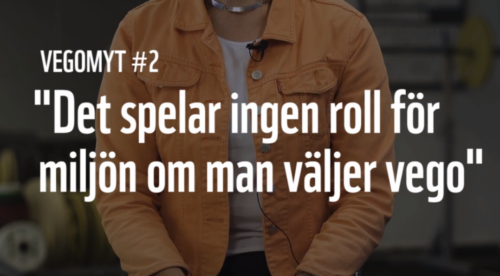vego2 Suddig bild på kvinna i orange jacka. Vit text ovanpå: VEGOMYT #2 "Det spelar ingen roll för miljön om man väljer vego"
