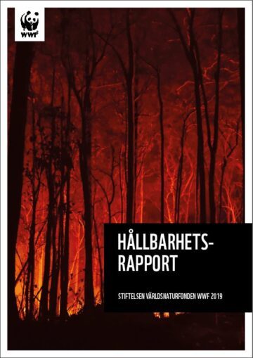 Skogsbrand med orangea och röda lågor bland höga träd. Text: Hållbarhetsrapport, Stiftelsen Världsnaturfonden WWF 2019.