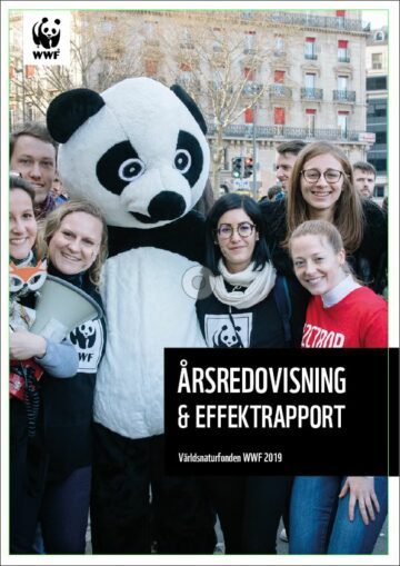 En grupp människor som ler och står med en person i en stor pandakostym. Text: "ÅRSREDOVISNING & EFFEKTRAPPORT Världsnaturfonden WWF 2019".