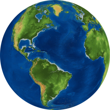 Jordklot med tydlig vy över Atlanten, omgiven av Nord- och Sydamerika till vänster och Europa och Afrika till höger.