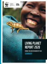 En kameleont på en människas axel, med personen bakom leende. Text: "LIVING PLANET REPORT 2020 BENDING THE CURVE OF BIODIVERSITY LOSS SUMMARY". WWF-logotyp i övre vänstra hörnet.