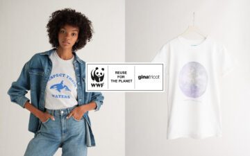 Kvinna bär vit t-shirt med text "RESPECT THE WATERS" och illustration av en fisk, samt annan vit t-shirt med jordklotet på galge. WWF-logotyp och ginatricot-logotyp i mitten med texten "REUSE FOR THE PLANET"