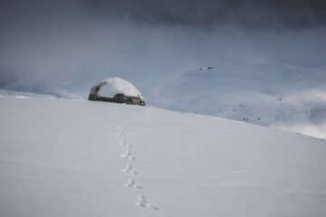 Snötäckt landskap med en stenbumling under snö och ett spår av djurspår som leder mot horisonten.